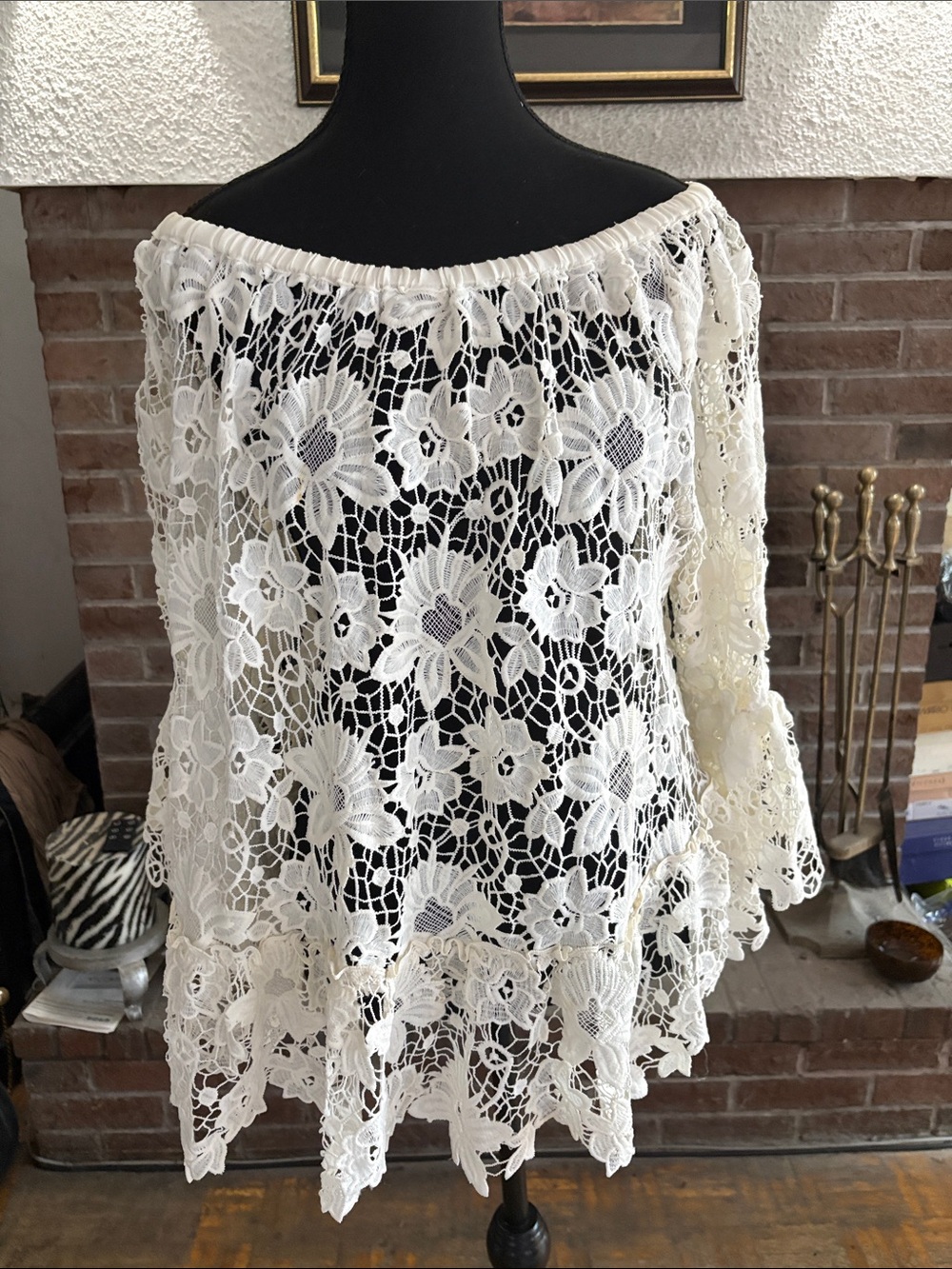 White Crochet Off-Shoulder Floral Tunic Top
